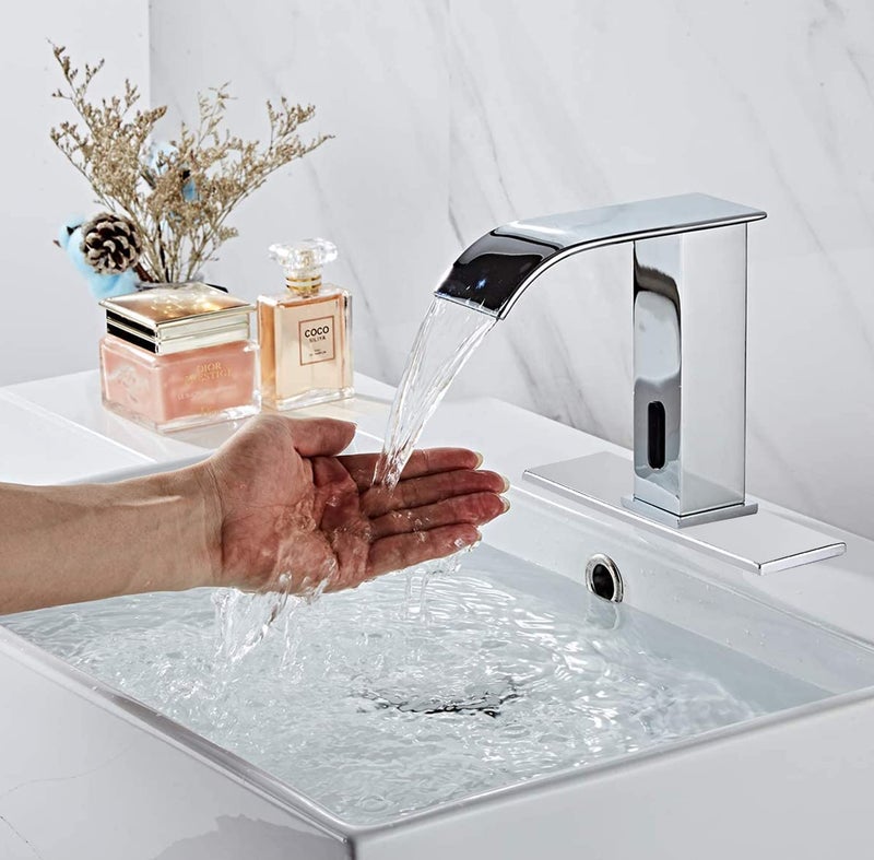 YCCUZA Dual Powered Automatic Touchless Bathroom Faucet Sensor Waterfall Chrome Bathroom Sink Faucet Electronic Motion Sensor Activated Hands-Free Vanity - Image 2